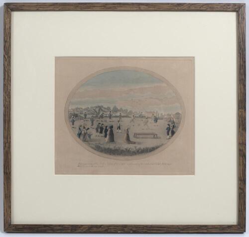 &lsquo;Representation of the Noble Game of Cricket as played in the celebrated Cricket Field near White Conduit House 1787&rsquo;. Early hand tinted engraving depicting a match in progress with spectators looking on. Printed title to lower border. Artist/ engraver un