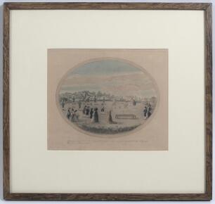 &lsquo;Representation of the Noble Game of Cricket as played in the celebrated Cricket Field near White Conduit House 1787&rsquo;. Early hand tinted engraving depicting a match in progress with spectators looking on. Printed title to lower border. Artist/ engraver un