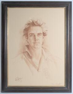 Jocelyn Galsworthy. Artist. Kevin Peter Pietersen MBE. Nottinghamshire, Hampshire, Surrey & England 2001-2015. Large and impressive original pastel and pencil portrait of Kevin Pietersen, head and shoulders, wearing cricket shirt and sweater with England 