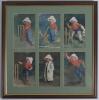 &lsquo;Kinsella Boy Cricketers&rsquo;. Full set of six colour postcards depicting boy cricketers by E.P. Kinsella c1906. Each card with boy cricketer in different position with title to lower border. Published by Langsdorff & Co. Series no. 675. Attractively mounted,