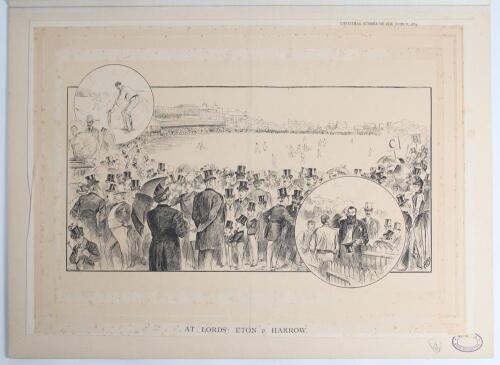 &lsquo;At Lords: Eton v. Harrow&rsquo;. Large supplement print published for the &lsquo;Christmas Number of The World 1889&rsquo;. The image depicts large crowds dressed in their finery attending Lord&rsquo;s, the match in progress in the background, with two roundel insets, one of W.