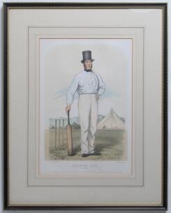 Joseph Guy. Nottinghamshire 1837-1854. &lsquo;Joseph Guy of Nottingham&rsquo;. Early large hand coloured tinted lithograph of Joseph Guy in cricket attire and top hat holding a cricket bat to his right hand side. John Corbett Anderson. Published by John Corbett Ander