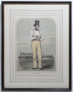 William Hillyer. Kent & All England 1835-1853. &lsquo;Hillyer&rsquo;. Sketches at Lord&rsquo;s No 3. Large original hand coloured tinted lithograph of Hillyer in cricket attire holding a cricket ball, wearing a top hat with large house and other cricketers to the backgroun