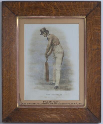&lsquo;The Batsman! Portrait of Fuller Pilch. Dedicated to the lovers of the noble game by N. Felix&rsquo;. Drawn from the life & on stone by G.F. Watts. Full-length portrait of Pilch in batting stance wearing a top hat. Believed to be a hand coloured print, c.1900, 