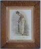 &lsquo;The Batsman! Portrait of Fuller Pilch. Dedicated to the lovers of the noble game by N. Felix&rsquo;. Drawn from the life & on stone by G.F. Watts. Full-length portrait of Pilch in batting stance wearing a top hat. Believed to be a hand coloured print, c.1900, 