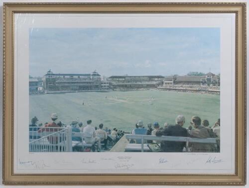 &lsquo;England v Australia, Centenary Test, Lord&rsquo;s 1980&rsquo;. Arthur Weaver 1980. Large colour print of the Test at Lord&rsquo;s, limited edition no. 358/850. Signed to lower border by eleven England Test Captains including May, Cowdrey, Hutton, Allen, Wyatt, Brown, Dext