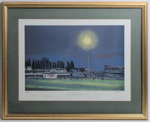 &lsquo;The First Competitive Day/Night Match. AXA Life League- Warwickshire v Somerset&rsquo; 1997. Large limited edition colour print from the original by the artist C.B. Flinders of the first official day/ night match to be played in England, depicting the match in