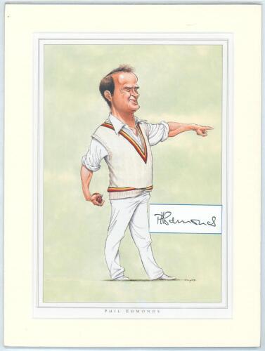 England &lsquo;Cricket Characters. The Cricketer Caricatures of John Ireland&rsquo; 1987 & 2000. Thirteen bookplate prints of caricatures of England Test cricketers by John Ireland, each print individually mounted with signature of the featured player laid down. Prin