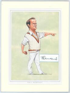 England &lsquo;Cricket Characters. The Cricketer Caricatures of John Ireland&rsquo; 1987 & 2000. Thirteen bookplate prints of caricatures of England Test cricketers by John Ireland, each print individually mounted with signature of the featured player laid down. Prin