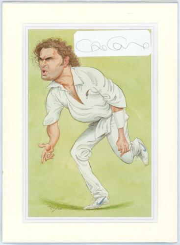 New Zealand &lsquo;Cricket Characters. The Cricketer Caricatures of John Ireland&rsquo; 1987 & 2000. Seven bookplate prints of caricatures of New Zealand Test cricketers by John Ireland, each print individually mounted with signature of the featured player laid down 