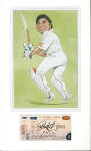 India &lsquo;Cricket Characters. The Cricketer Caricatures of John Ireland&rsquo; 1987 & 2000. Eight bookplate prints of caricatures of India Test cricketers by John Ireland, each print individually mounted with signature of the featured player laid down to the print