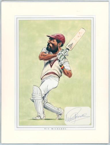 West Indies &lsquo;Cricket Characters. The Cricketer Caricatures of John Ireland&rsquo; 1987 & 2000. Eight bookplate prints of caricatures of West Indies Test cricketers by John Ireland, each print individually mounted with signature laid down to the print or window 