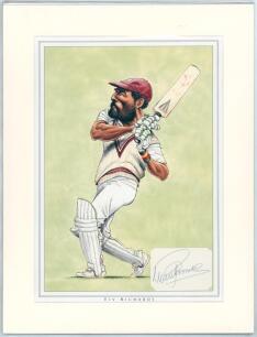 West Indies &lsquo;Cricket Characters. The Cricketer Caricatures of John Ireland&rsquo; 1987 & 2000. Eight bookplate prints of caricatures of West Indies Test cricketers by John Ireland, each print individually mounted with signature laid down to the print or window 