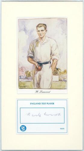 &lsquo;Cricket Greats&rsquo;. Three bookplate prints or copy photographs of notable Test cricketers, each with signature on card/ piece window mounted below or laid down to the print. Players/ signatures are Harold Larwood, Jack Hobbs, and Don Bradman. Each 10&rdquo;x13&rdquo;, 
