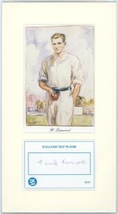 &lsquo;Cricket Greats&rsquo;. Three bookplate prints or copy photographs of notable Test cricketers, each with signature on card/ piece window mounted below or laid down to the print. Players/ signatures are Harold Larwood, Jack Hobbs, and Don Bradman. Each 10&rdquo;x13&rdquo;, 