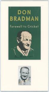 Don Bradman. Mounted dustwrapper for Don Bradman&rsquo;s book &lsquo;Farewell to Cricket&rsquo; with mono printed head and shoulders image of Bradman window mounted below, signed by Bradman (fading to signature). Sold with a selection of individual mounted bookplate prints