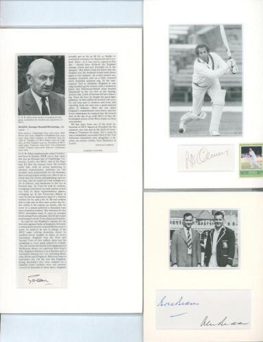 England Test cricketers and writers. A selection of mounted bookplate prints, photographic images and book extracts of England Test cricketers and writers, each with signature of the featured player(s) on piece laid down or window mounted. Signatures are 