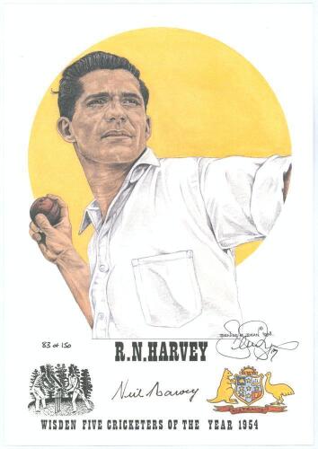 Australian Test Cricketers. Denise Dean. Sixteen individual colour prints by artist Denise Dean of Australian Test Cricketers, each signed by the artist. Includes eleven prints from the series &lsquo;Wisden Five Cricketers of the Year&rsquo;, each limited to 150 copi