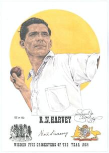Australian Test Cricketers. Denise Dean. Sixteen individual colour prints by artist Denise Dean of Australian Test Cricketers, each signed by the artist. Includes eleven prints from the series &lsquo;Wisden Five Cricketers of the Year&rsquo;, each limited to 150 copi
