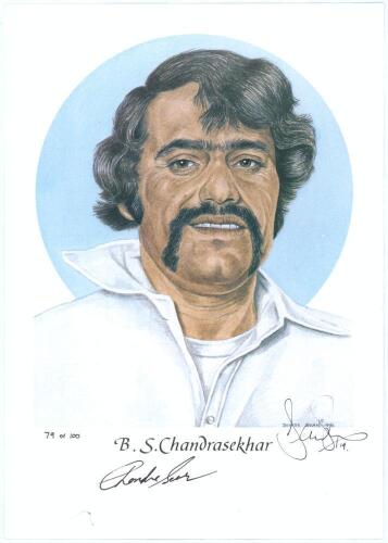 India, Pakistan and Sri Lanka Test Cricketers. Denise Dean. Ten individual colour prints by artist Denise Dean of Test Cricketers, each signed by the artist. Includes five prints from a series limited to 100 copies each, one signed by B.S. Chandrasekhar, 