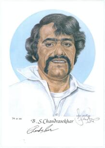 India, Pakistan and Sri Lanka Test Cricketers. Denise Dean. Ten individual colour prints by artist Denise Dean of Test Cricketers, each signed by the artist. Includes five prints from a series limited to 100 copies each, one signed by B.S. Chandrasekhar, 