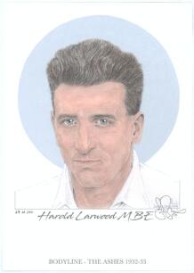 &lsquo;Bodyline- The Ashes 1932-33&rsquo;. Denise Dean. Eight individual colour prints by artist Denise Dean of players who took part in the Bodyline series, each signed by the artist and limited to 100 copies produced. Players are Harold Larwood, Hedley Verity, Herb
