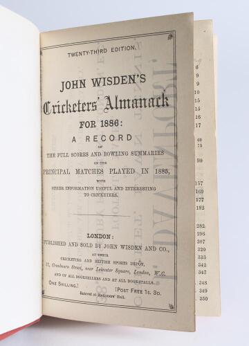Wisden Cricketers&rsquo; Almanack 1886. 23rd edition. Bound in red boards, lacking original wrappers, title and date in gilt to spine, red speckled page edges. Lacking the front advertising page and all the advertising pages to the rear otherwise in good/very g