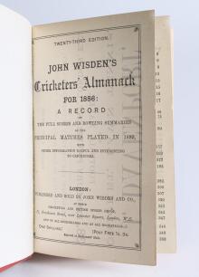 Wisden Cricketers&rsquo; Almanack 1886. 23rd edition. Bound in red boards, lacking original wrappers, title and date in gilt to spine, red speckled page edges. Lacking the front advertising page and all the advertising pages to the rear otherwise in good/very g