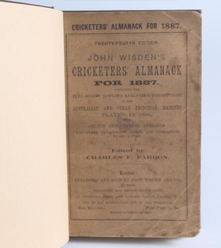 Wisden Cricketers&rsquo; Almanack 1887. 24th edition. Bound in dark brown boards, with original wrappers, title and date in gilt to front board and spine. Darkening, wear and staining to wrappers, some wear to wrapper extremities otherwise in good/very good con