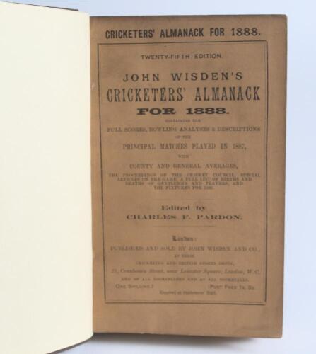 Wisden Cricketers&rsquo; Almanack 1888. 25th edition. Bound in dark brown boards, with original wrappers, title and date in gilt to spine. Minor wear to the rear wrapper, darkening to corners of rear wrapper, staining to the bottom edge of the page block, owner