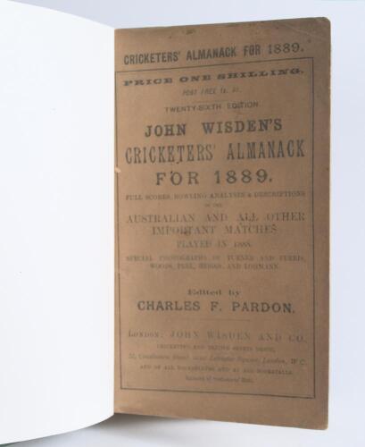 Wisden Cricketers&rsquo; Almanack 1889. 26th edition. Bound in green boards, with original wrappers, title and date in gilt to spine. Minor soiling to wrappers otherwise in very good condition