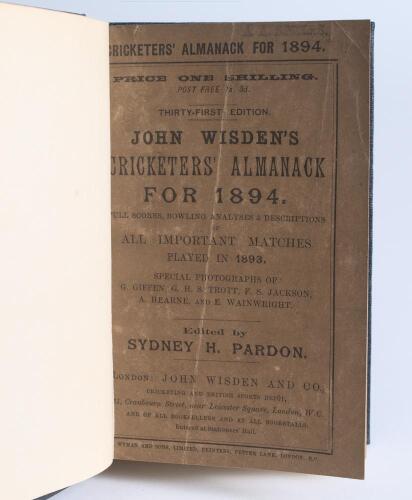 Wisden Cricketers&rsquo; Almanack 1894. 31st edition. Bound in dark blue boards, with original wrappers, title and date in gilt to spine. Darkening, vertical crease and minor wear to front wrapper otherwise in good/very good condition