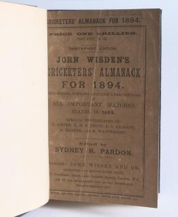 Wisden Cricketers&rsquo; Almanack 1894. 31st edition. Bound in dark blue boards, with original wrappers, title and date in gilt to spine. Darkening, vertical crease and minor wear to front wrapper otherwise in good/very good condition