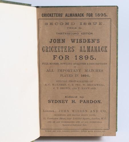 Wisden Cricketers&rsquo; Almanack 1895. 32th edition, second issue. Bound in green boards, with original wrappers, title and date in gilt to spine. Good/very good condition