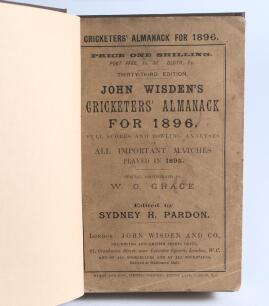 Wisden Cricketers&rsquo; Almanack 1896. 33rd edition. Bound in dark brown boards, with original wrappers, title and date in gilt to spine. Pencil name of ownership to title page, minor wear to wrapper extremities, good/very good condition