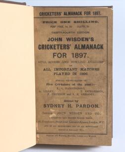 Wisden Cricketers&rsquo; Almanack 1897. 34th edition. Bound in dark brown boards, with original wrappers, title and date in gilt to spine. Stamped name of ownership to title and advertising page, some darkening and soiling to wrappers otherwise in good+ conditi