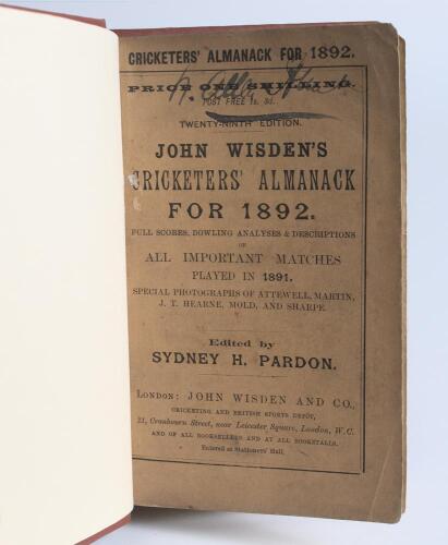Wisden Cricketers&rsquo; Almanack 1892. 29th edition. Bound in brown boards, with original wrappers, title and date in gilt to spine. Name of ownership handwritten in ink to top border of front wrapper, minor age toning and slight wear to wrappers, slight tear 