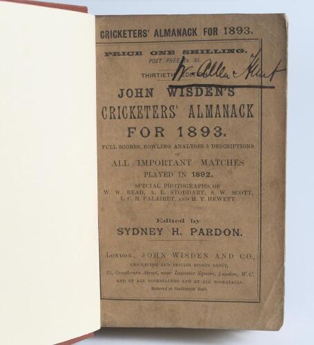 Wisden Cricketers&rsquo; Almanack 1893. 30th edition. Bound in brown boards, with original wrappers, title and date in gilt to spine. Name of ownership handwritten in ink to top border of front wrapper, minor age toning and slight wear to wrappers, odd very min