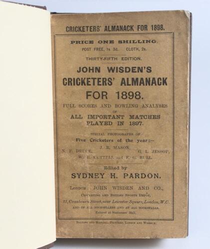 Wisden Cricketers&rsquo; Almanack 1898. 35th edition. Bound in dark brown boards, with original wrappers, title and date in gilt to spine. Minor wear and soiling to wrappers otherwise in good+ condition