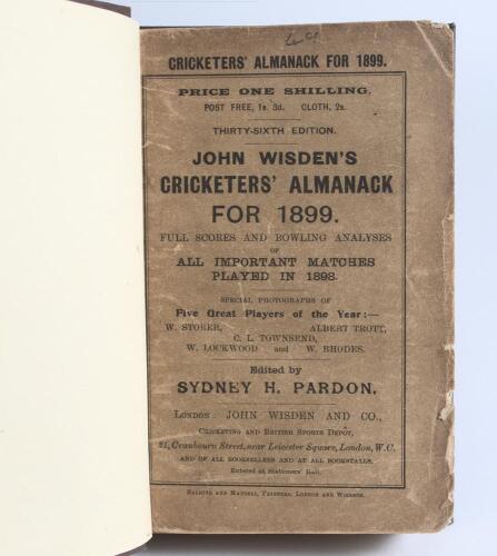 Wisden Cricketers&rsquo; Almanack 1899. 36th edition. Bound in dark brown boards, with original wrappers, title and date in gilt to spine. Some soiling and wear to vertical edge of front wrapper with some loss, soiling and heavier loss to the top edge of the re