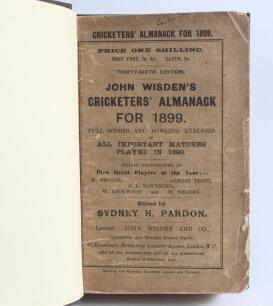 Wisden Cricketers&rsquo; Almanack 1899. 36th edition. Bound in dark brown boards, with original wrappers, title and date in gilt to spine. Some soiling and wear to vertical edge of front wrapper with some loss, soiling and heavier loss to the top edge of the re