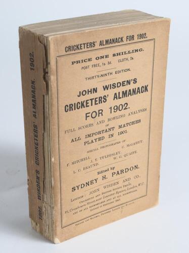 Wisden Cricketers&rsquo; Almanack 1902. 39th edition. Original paper wrappers. Wear with some loss to the spine paper, slight breaking to spine block, minor loss to the bottom corner of the rear wrapper otherwise in good/very good condition