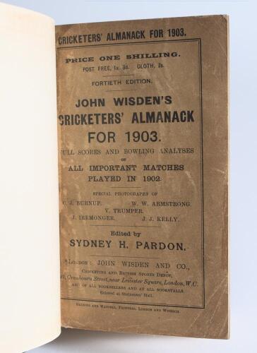 Wisden Cricketers&rsquo; Almanack 1903. 40th edition. Bound in dark blue boards, with original wrappers, title and date in gilt to spine. Some wear and age toning to front wrapper, small tape repair to the edge of page 222/223 otherwise in good/very good condit