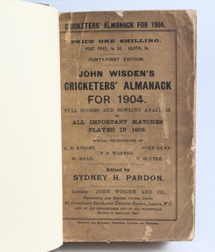 Wisden Cricketers&rsquo; Almanack 1904 and 1907. 41st & 44th editions. Both bound in dark brown boards, with original wrappers, title and date in gilt to spine. The 1904 edition with worn, darkened and damaged wrappers, some loss to edges, the 1907 edition with
