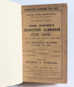 Wisden Cricketers&rsquo; Almanack 1905. 42nd edition. Bound in dark brown boards, with original wrappers, title and date in gilt to spine. Good+ condition