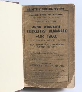 Wisden Cricketers&rsquo; Almanack 1908 and 1909. 45th & 46th editions. Both bound in dark brown boards, with original wrappers (1908 only), title and date in gilt to spine. The 1908 edition with worn, darkened and damaged wrappers, some loss to edges, the 1909 