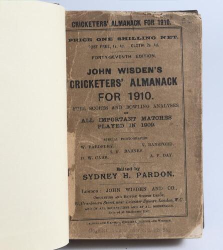 Wisden Cricketers&rsquo; Almanack 1910, 1911 and 1912. 47th, 48th & 49th editions. All three bound in dark brown boards, with original wrappers (1910 and 1912 only), title and date in gilt to spine. The 1910 edition with worn, darkened and damaged wrappers, som