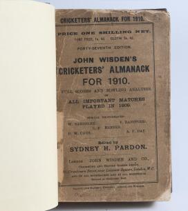 Wisden Cricketers&rsquo; Almanack 1910, 1911 and 1912. 47th, 48th & 49th editions. All three bound in dark brown boards, with original wrappers (1910 and 1912 only), title and date in gilt to spine. The 1910 edition with worn, darkened and damaged wrappers, som