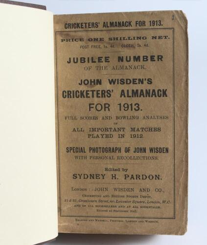 Wisden Cricketers&rsquo; Almanack 1913. 50th (Jubilee edition. Bound in dark brown boards, with original wrappers, title and date in gilt to spine. Very minor wear and stain to wrappers otherwise in good/very good condition