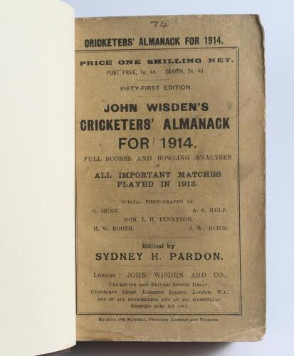 Wisden Cricketers&rsquo; Almanack 1914 and 1915. 51st & 52nd editions. Both bound in dark brown boards, with original wrappers, title and date in gilt to spine. The 1914 edition with minor wear to front wrapper extremities, top corner loss to rear wrapper and t